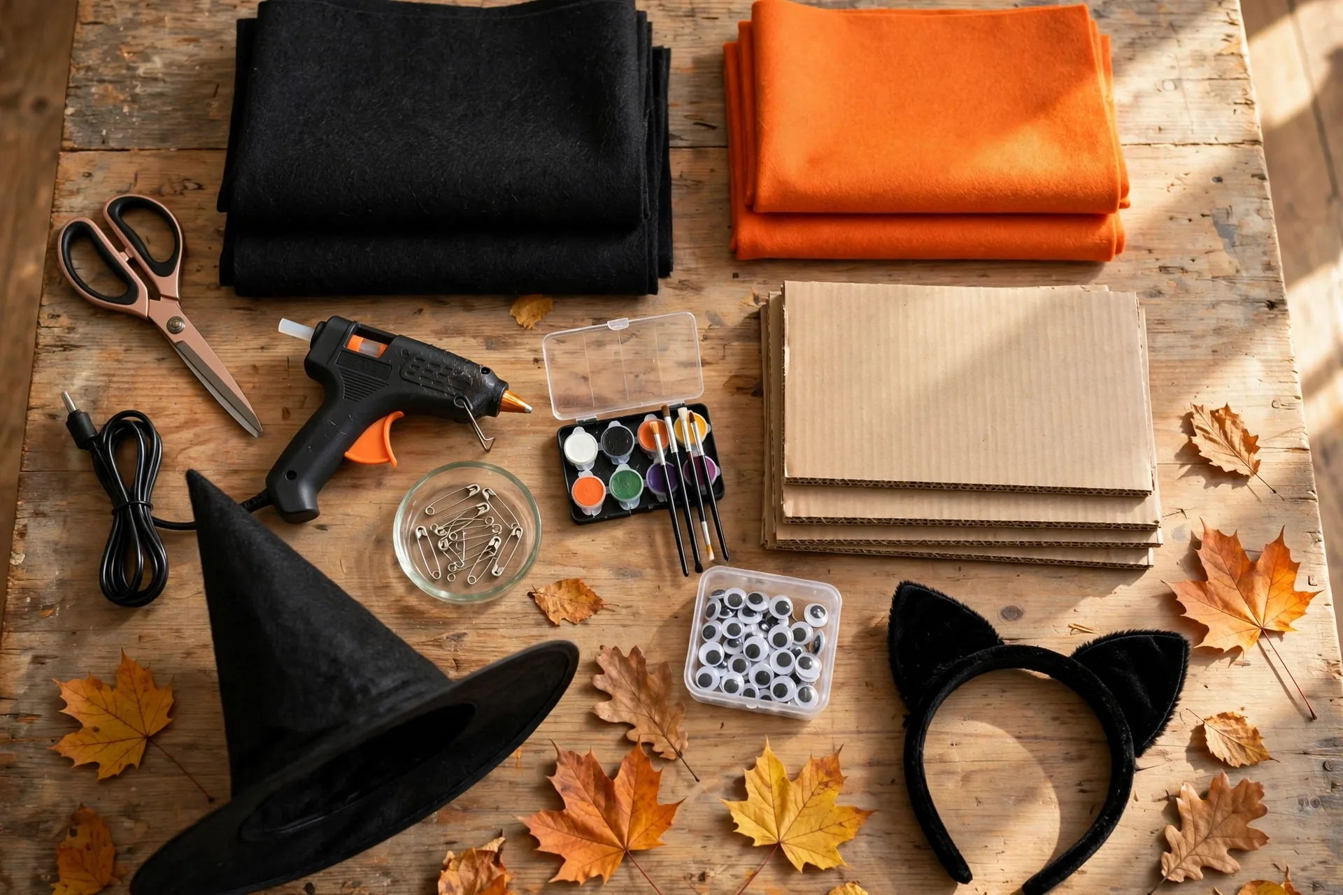 Crafting table with DIY Halloween costume supplies: felt sheets, scissors, hot glue gun, safety pins, face paint, cardboard, googly eyes, witch hat and cat ears headband