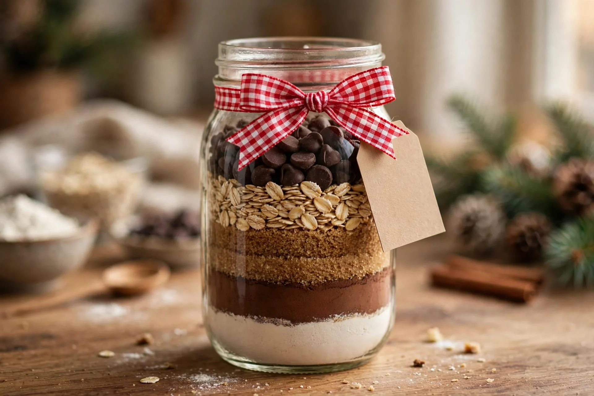 Layered DIY cookie mix jar with ribbon and handwritten recipe tag, a homemade Christmas gift