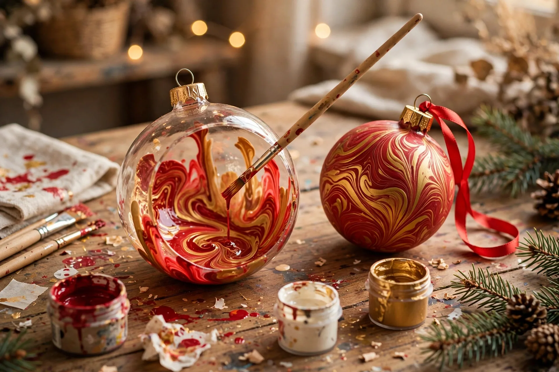 Hand-painted Christmas ornament gift being decorated with paint and brushes on a craft table