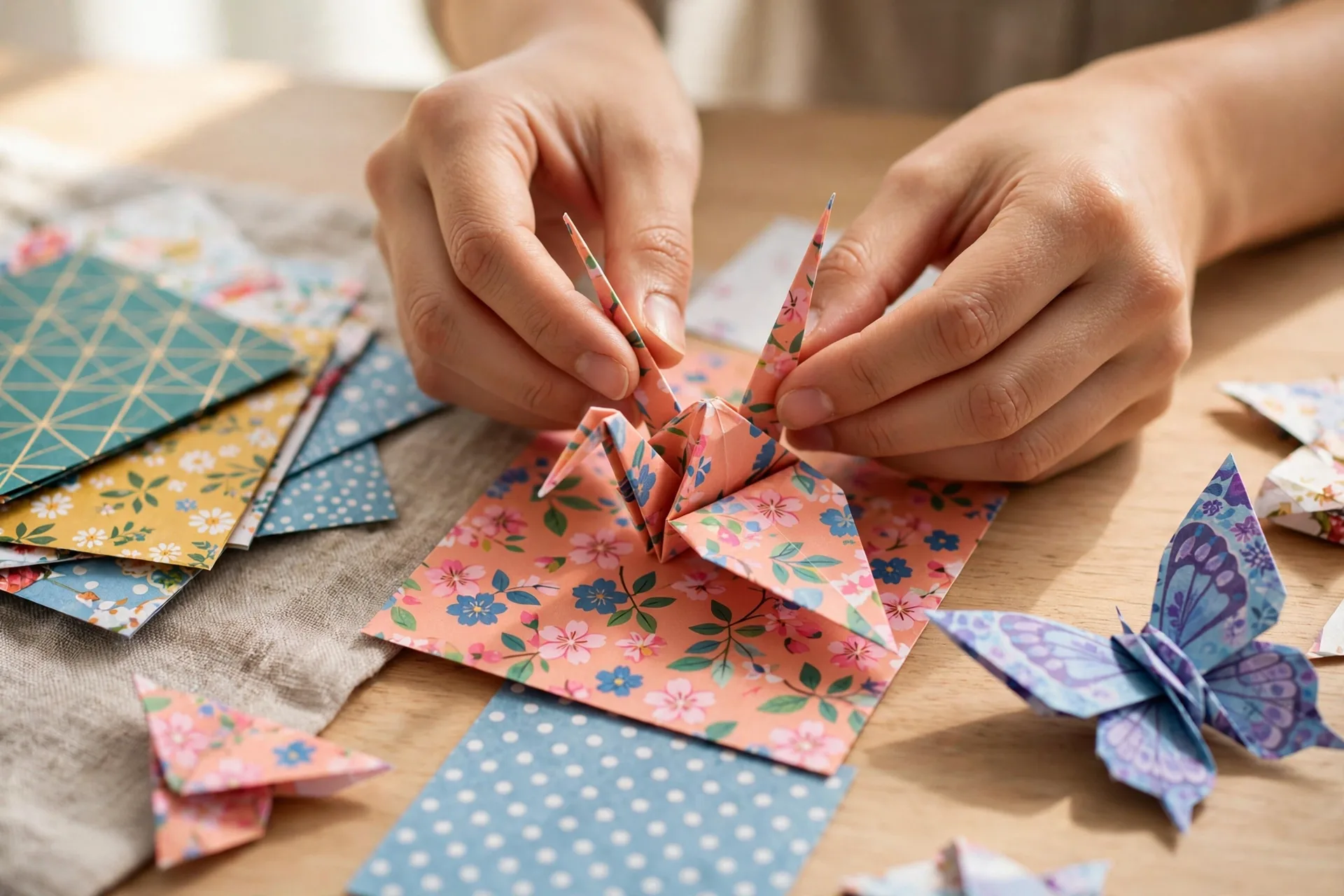 Hands folding an origami crane