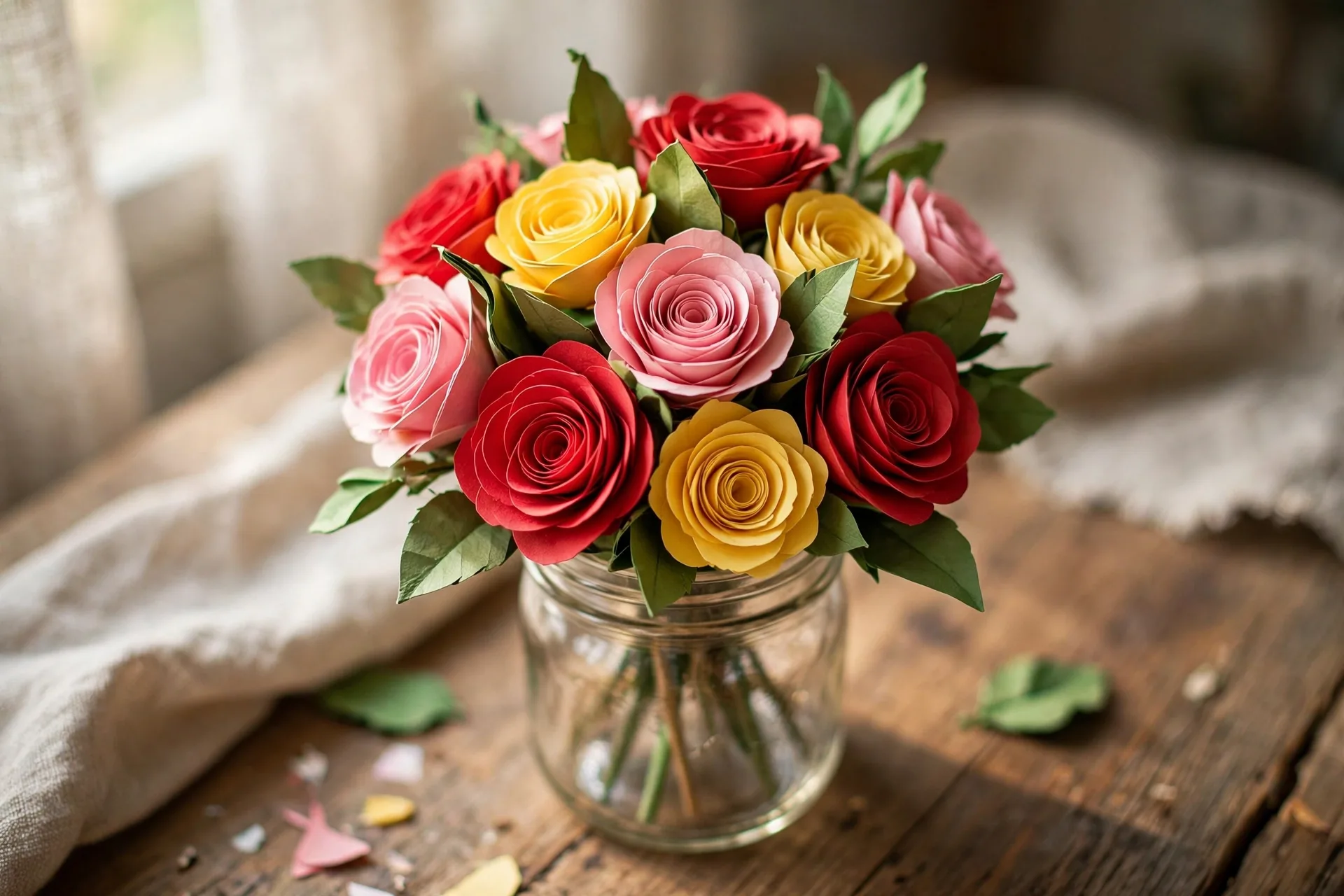 Paper rose bouquet in a mason jar