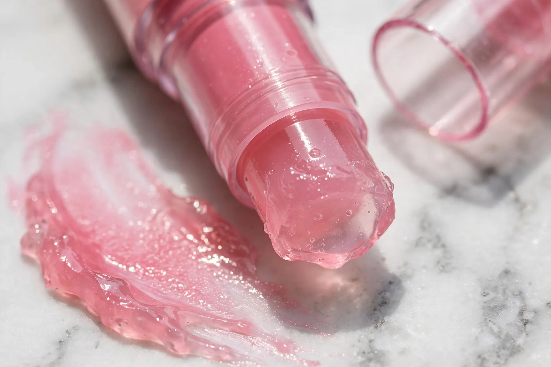 Macro swatch of pink jelly blush on a marble surface