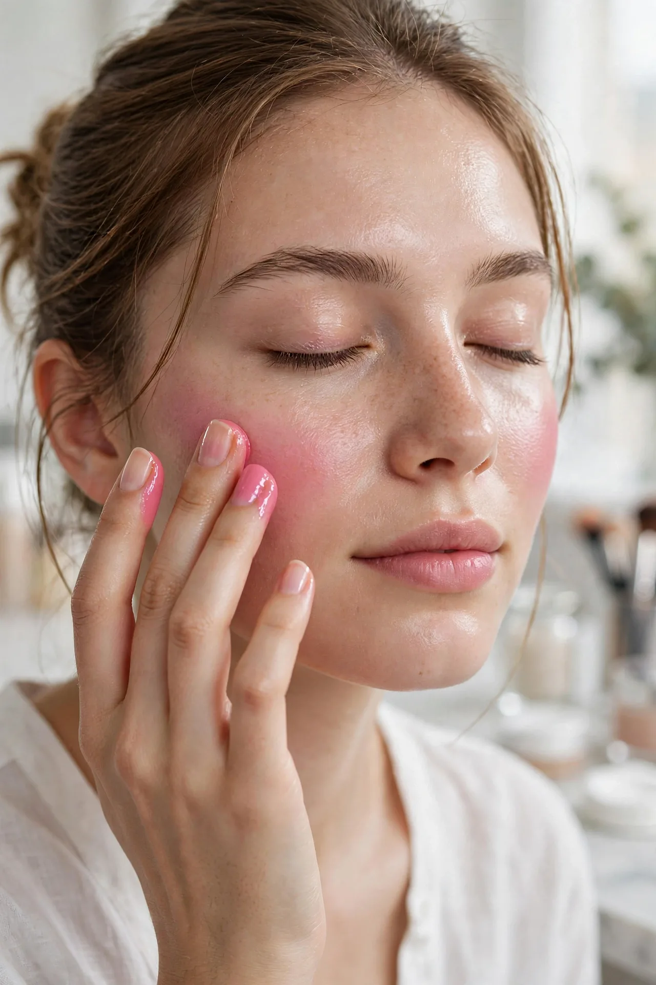 Woman dabbing jelly blush onto her cheek with her fingertips