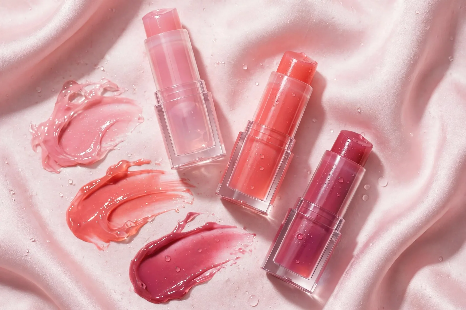 Pink, coral and berry jelly blush sticks arranged in a flat lay