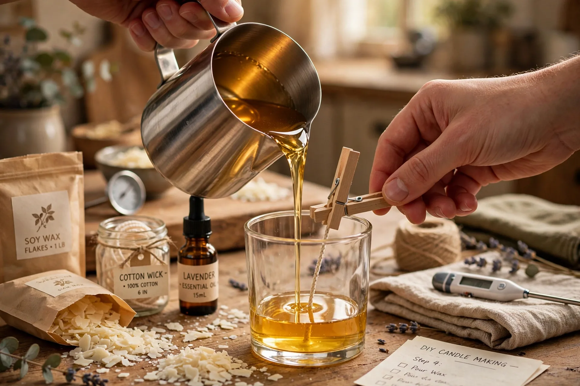 DIY candle making supplies - pouring melted soy wax into jars