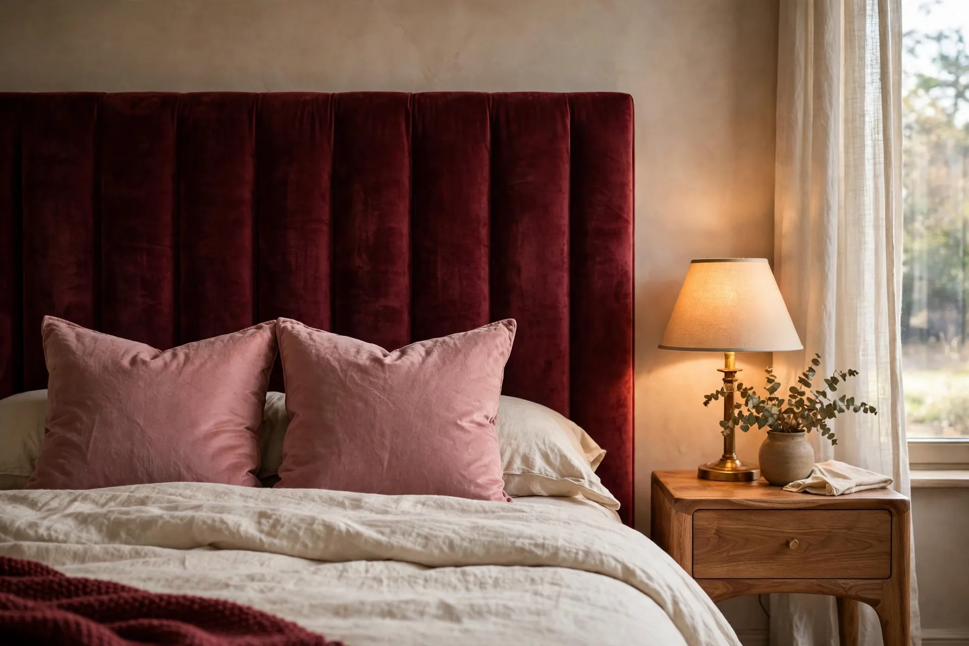 Tall burgundy velvet headboard against a light wall