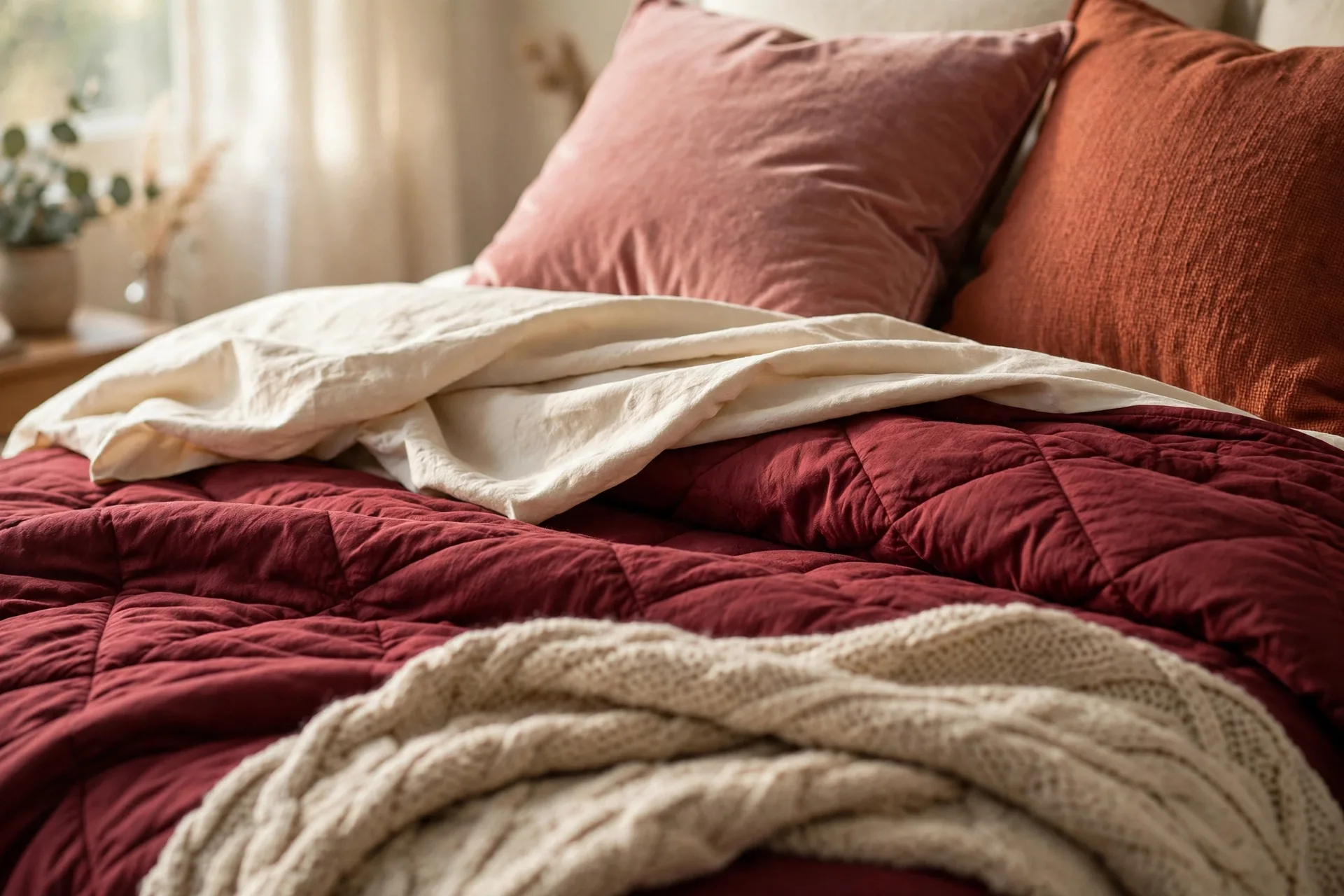 Layered burgundy bedding with cream sheets and dusty rose pillows