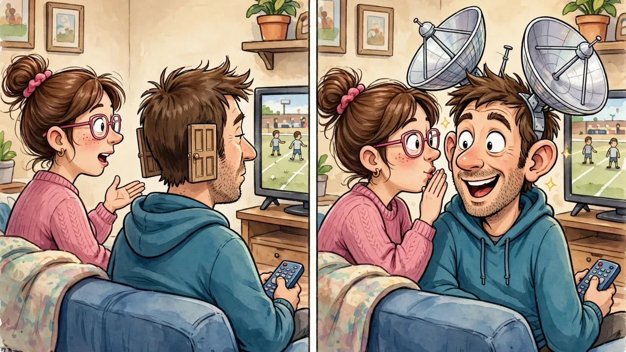 Husband selective hearing meme: doors on his ears for wife's voice, radar-dish ears when she whispers